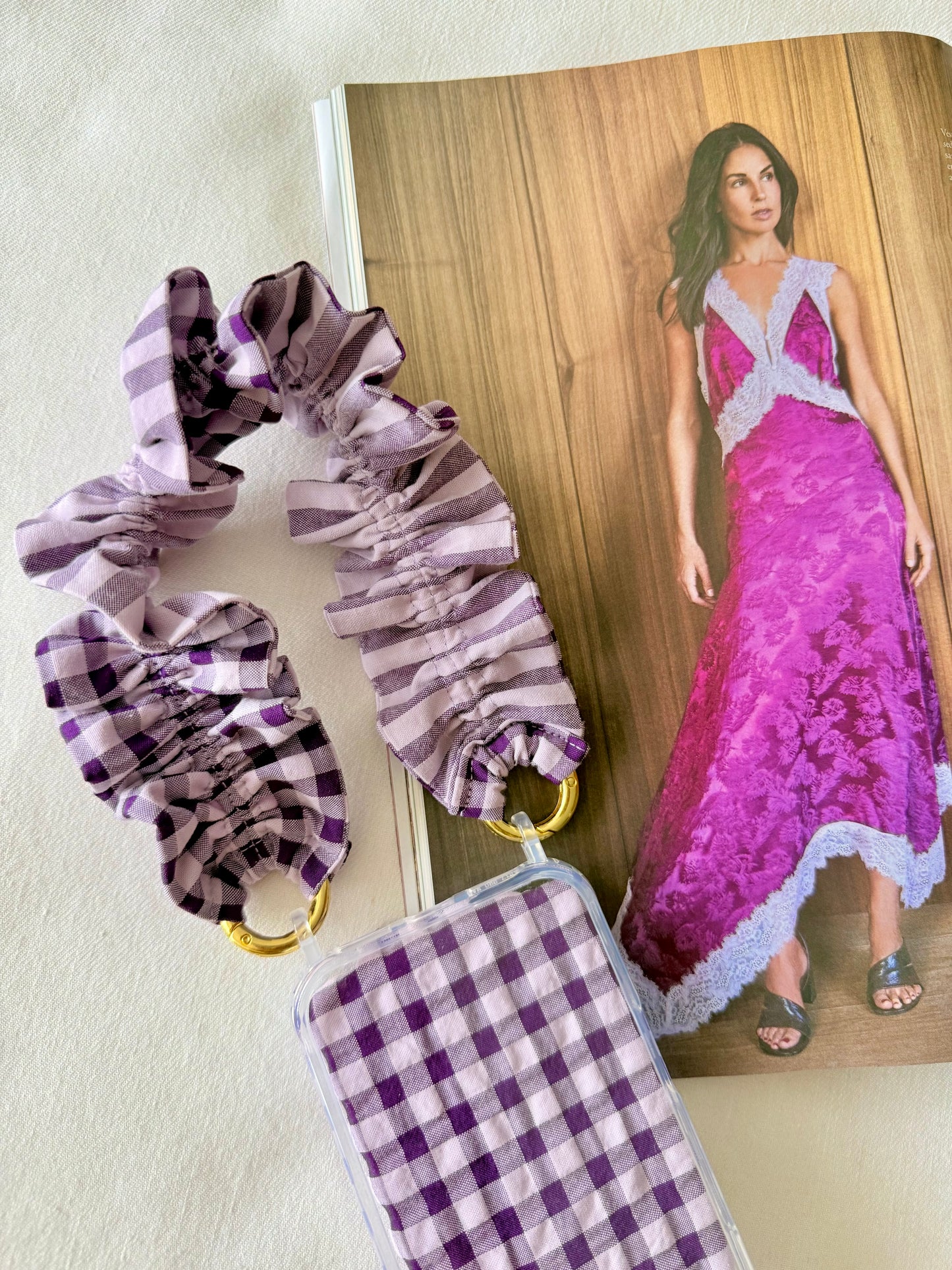 Conjunto Cuelga Móvil Corto Rizado vichy y Rayas Morado y Malva