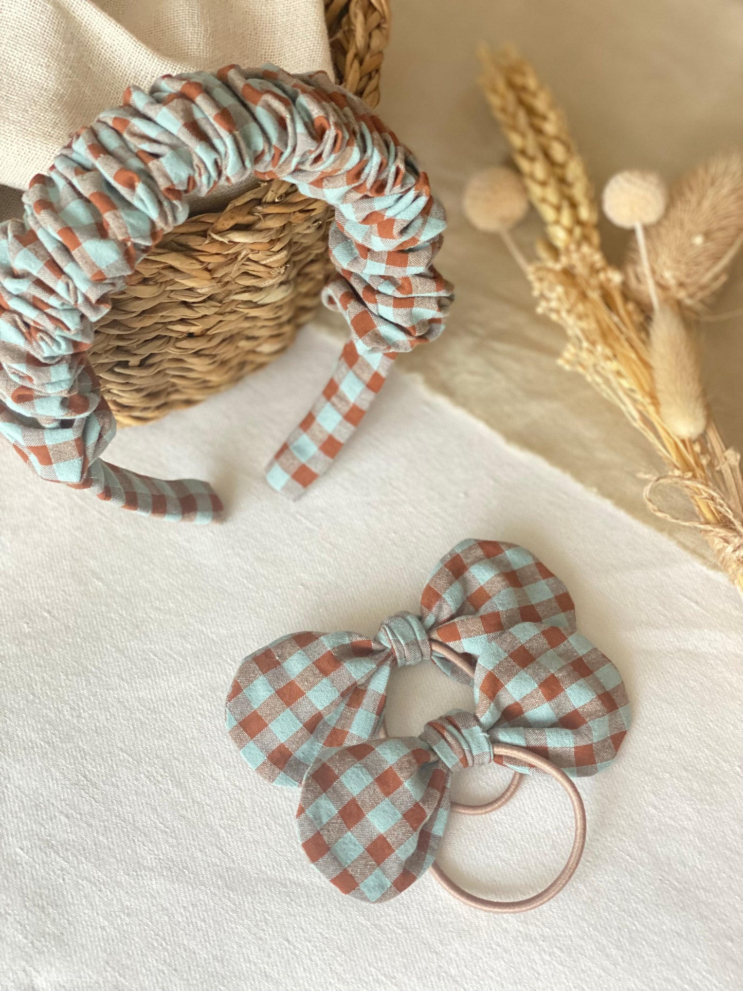 Vichy Mint and Brown Round Scrunchie with Ears