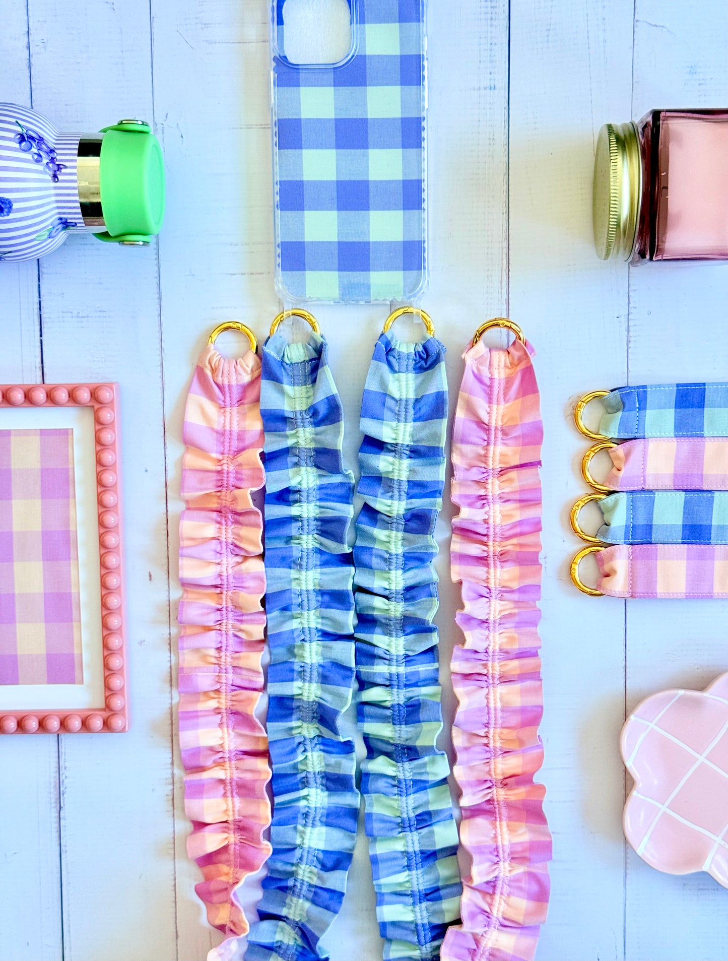 Conjunto Cuelga Movil Rizado Vichy Lavanda y Mint