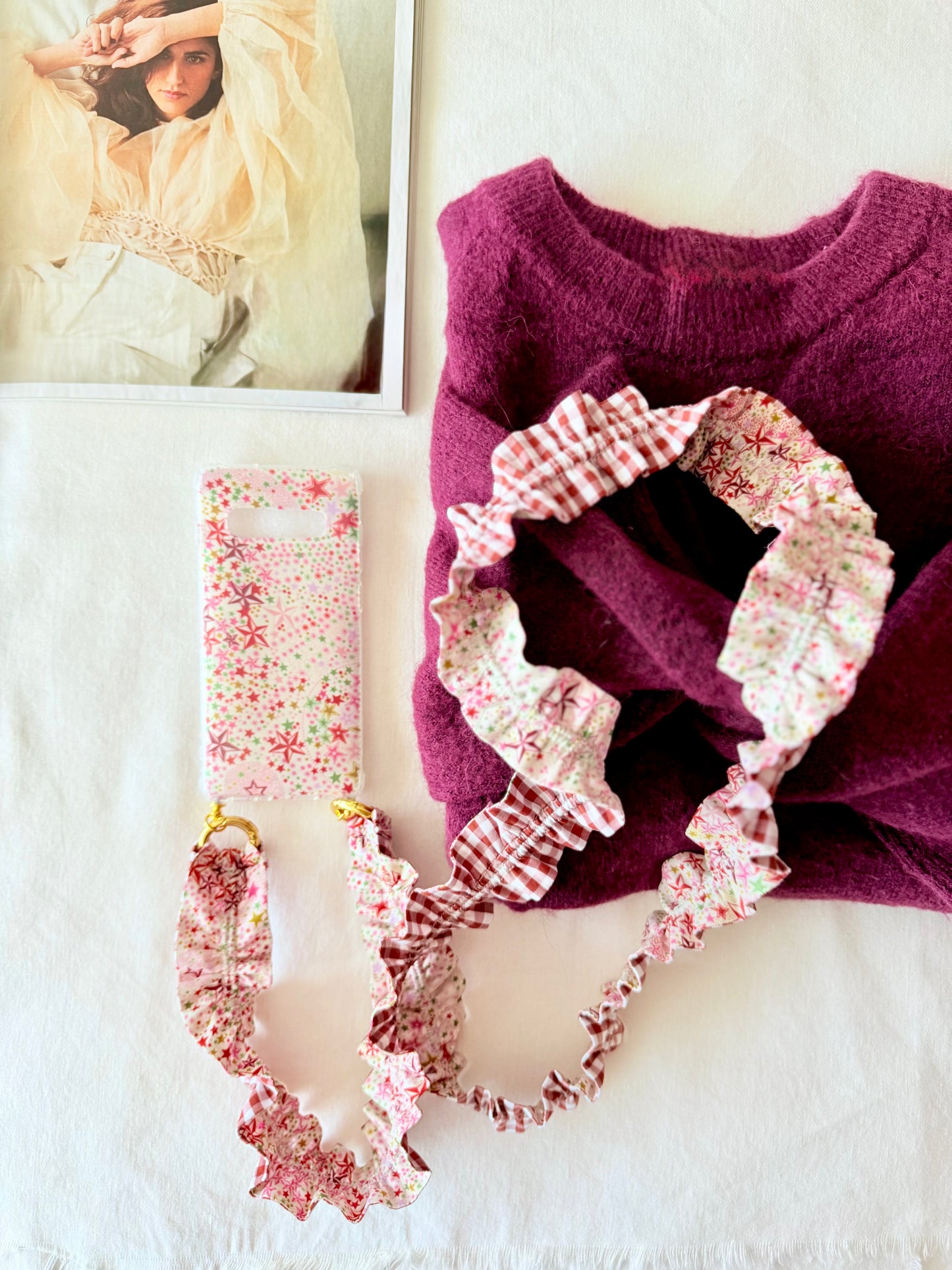 Conjunto Cuelga Movil Rizado Liberty Estrellas Burdeos y Vichy