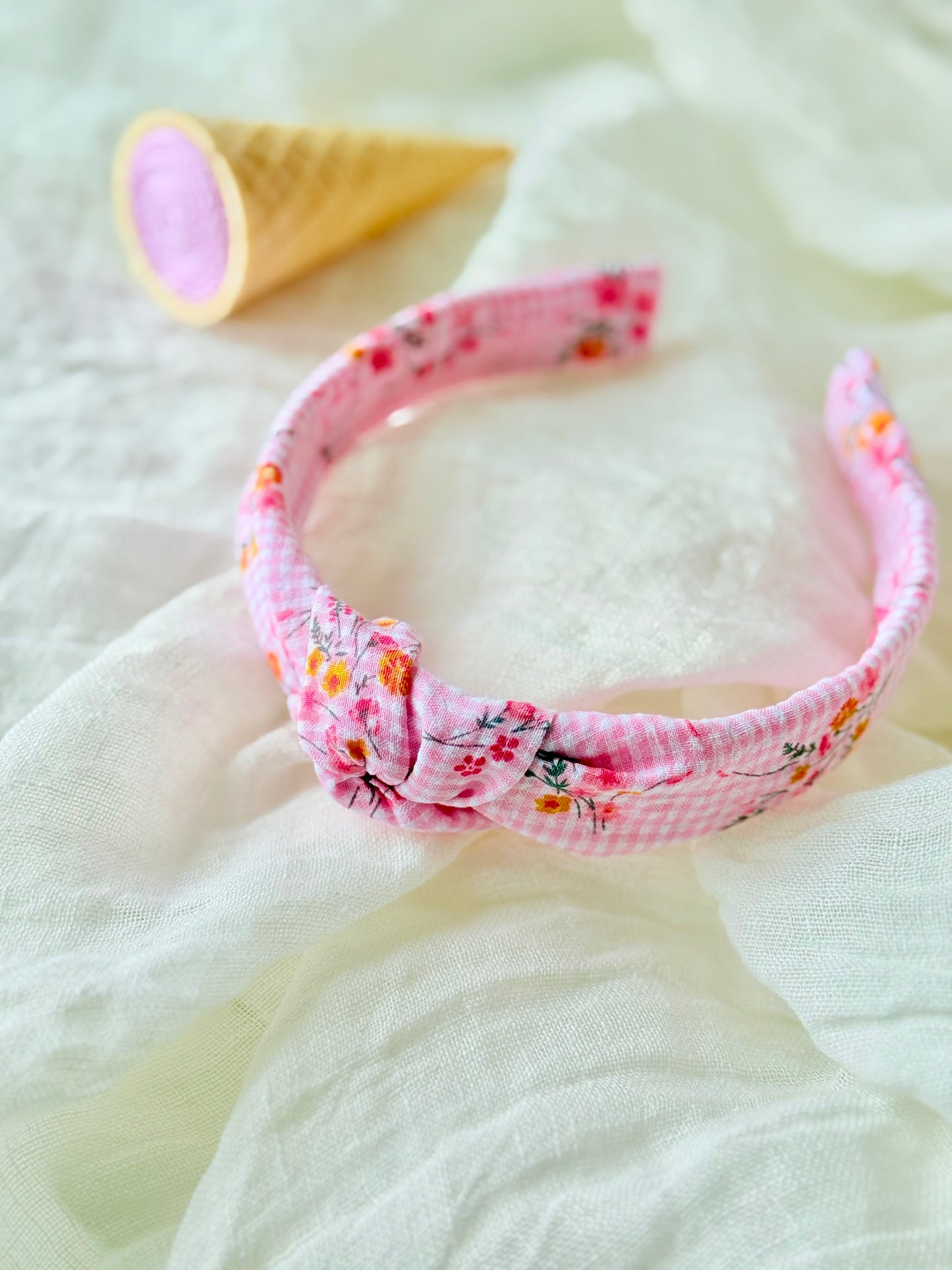 Diadema Nudo Vichy Rosa y Flores