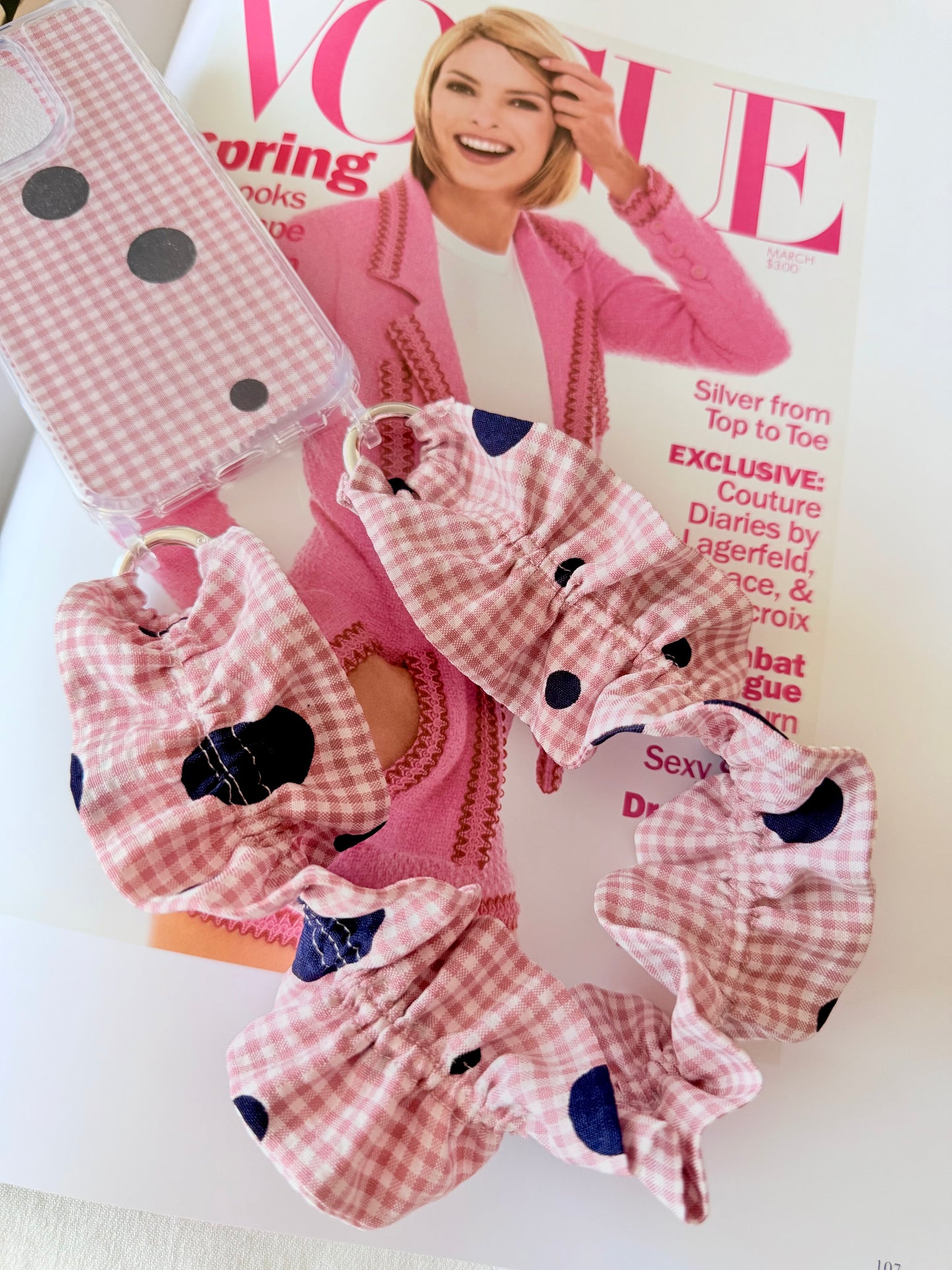 Conjunto Cuelga Movil Rizado Vichy Rosa y Lunares