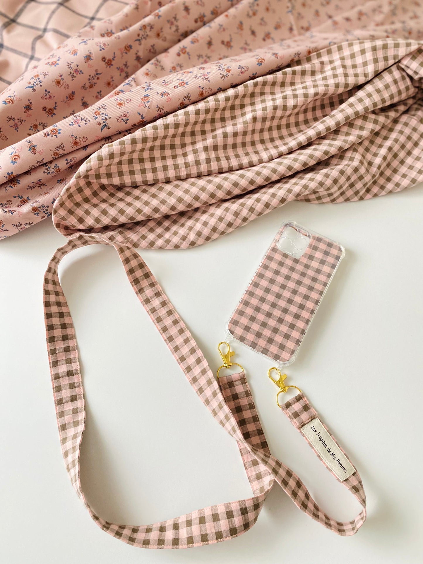 Conjunto Funda Cuelga Vichy Rosa y Marrón