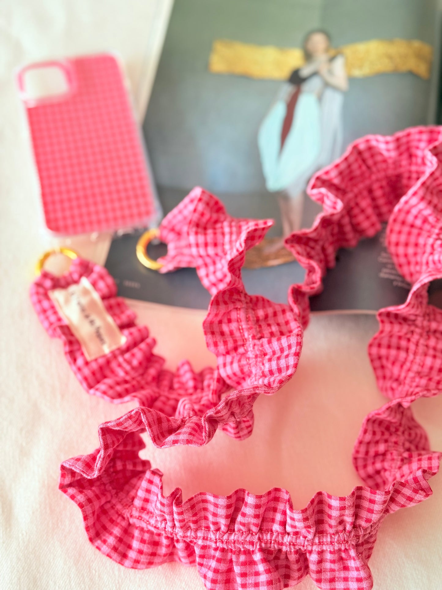 Conjunto Cuelga Movil Rizado Vichy Rosa y Rojo