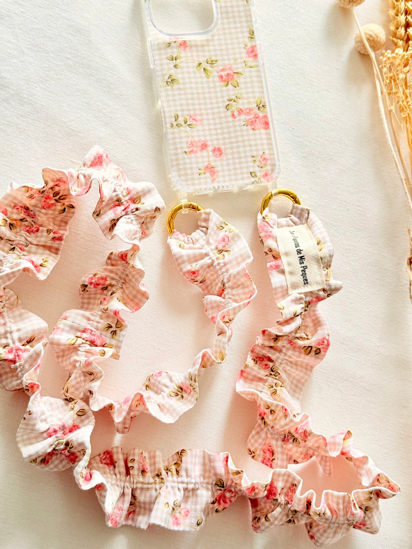 Conjunto Cuelga Movil Rizado Vichy Beige y Flores