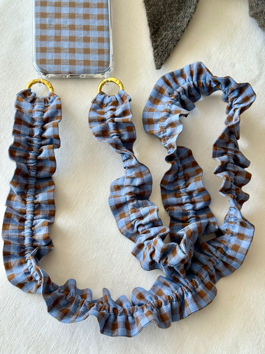 Conjunto Cuelga Movil Rizado Vichy Azul y Marrón