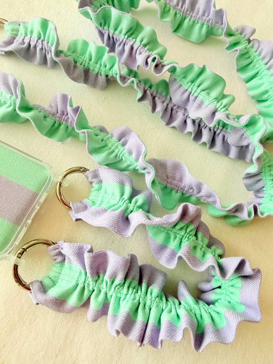 Conjunto Cuelga Movil Rizado Corto Rayas Lila y Mint
