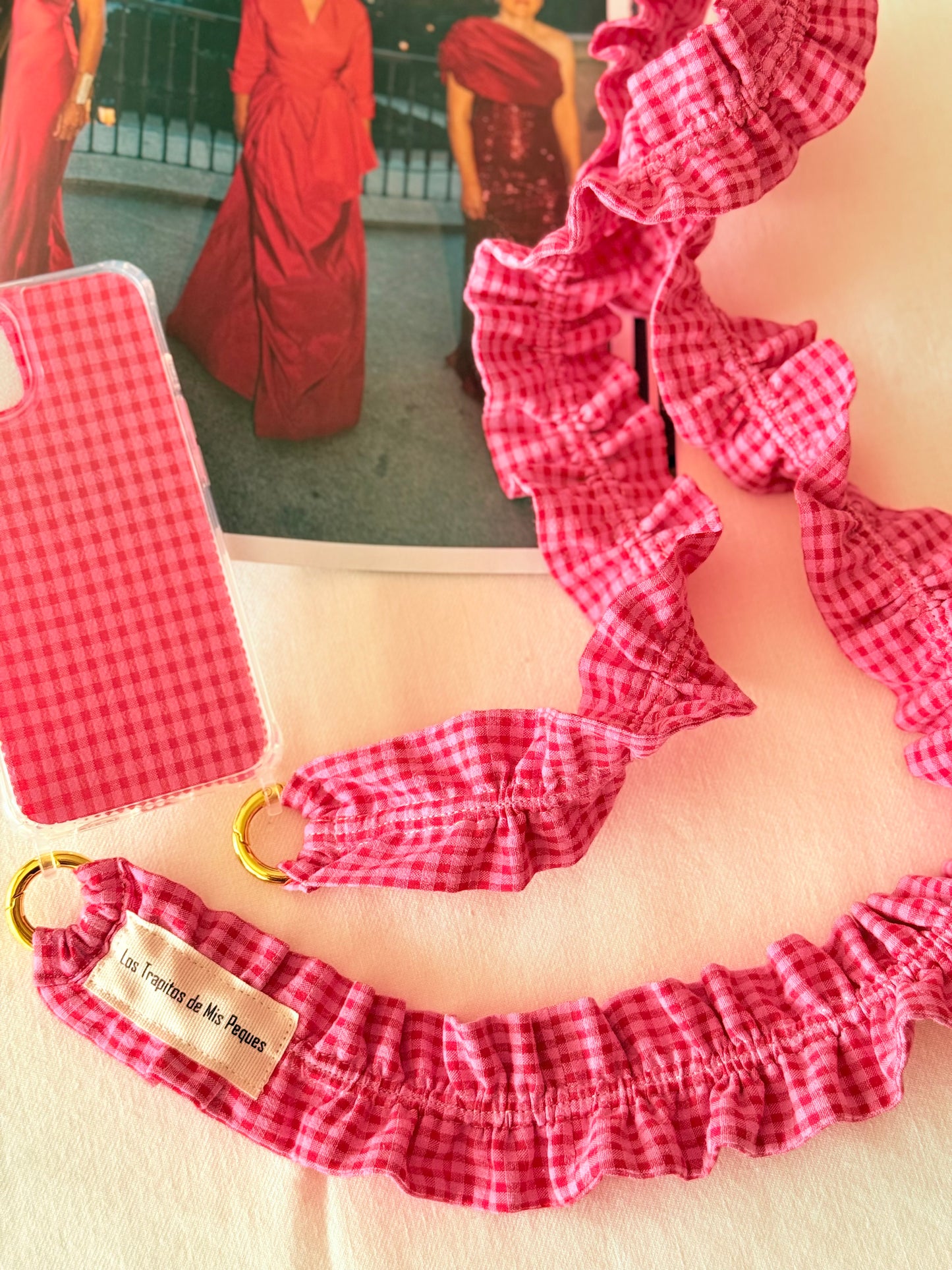 Conjunto Cuelga Movil Rizado Vichy Rosa y Rojo