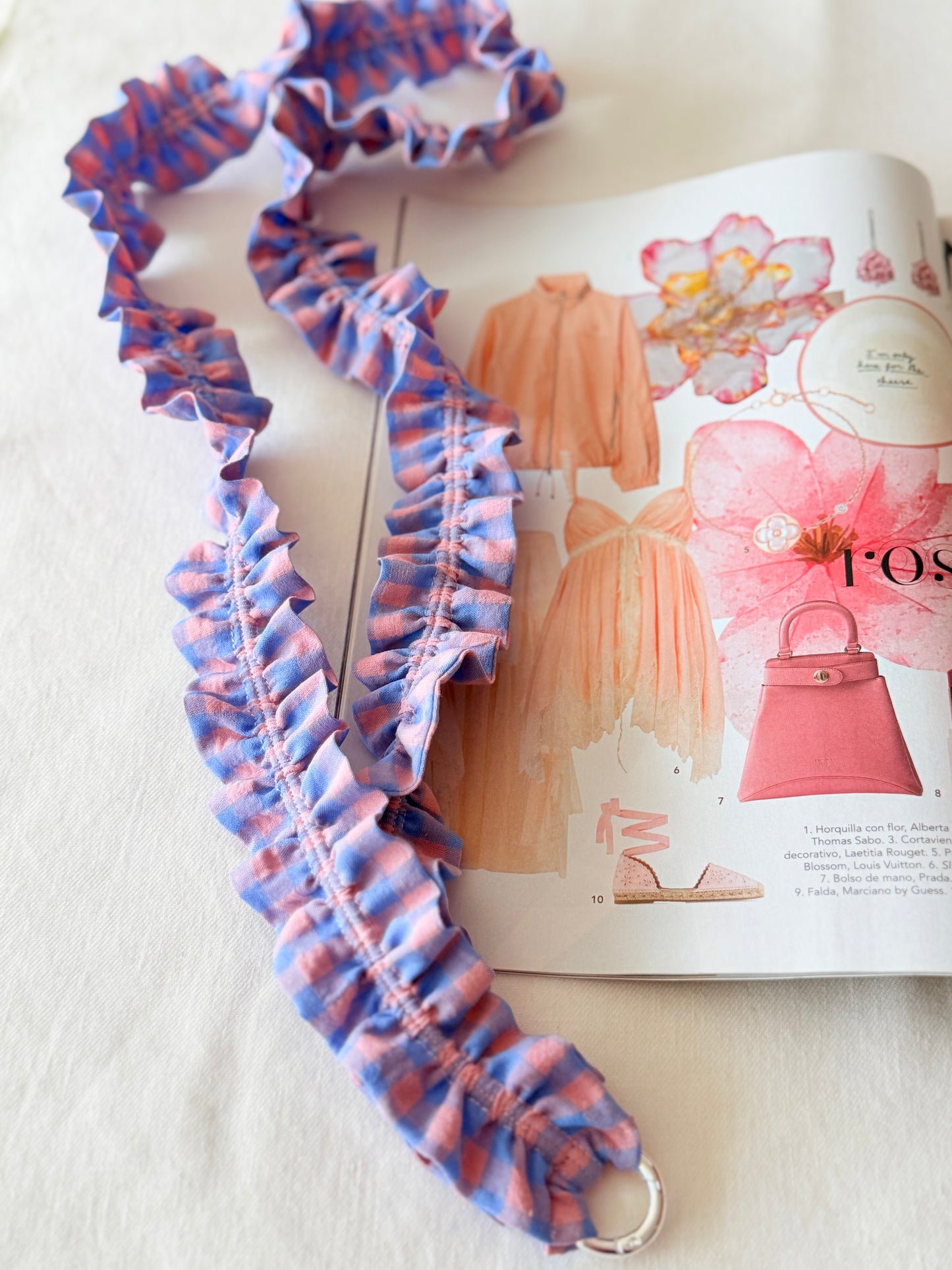 Cuelga Llaves / Landyards Rizado Vichy Rosa y Azul Pastel
