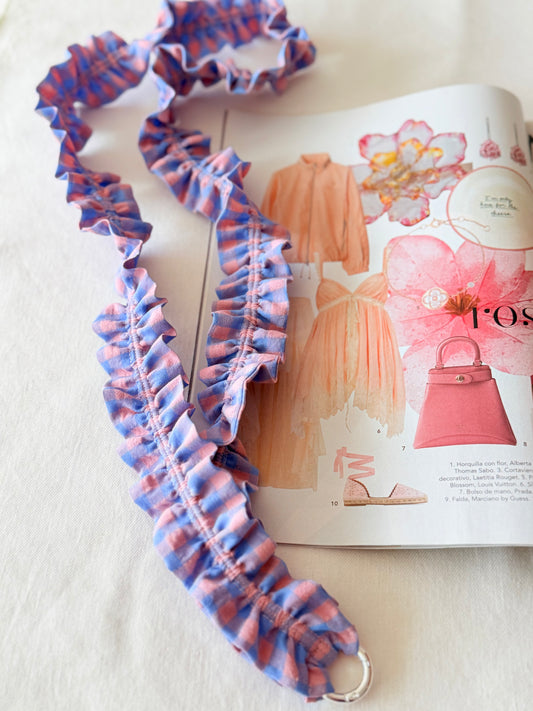 Cuelga Llaves / Landyards Rizado Vichy Rosa y Azul Pastel