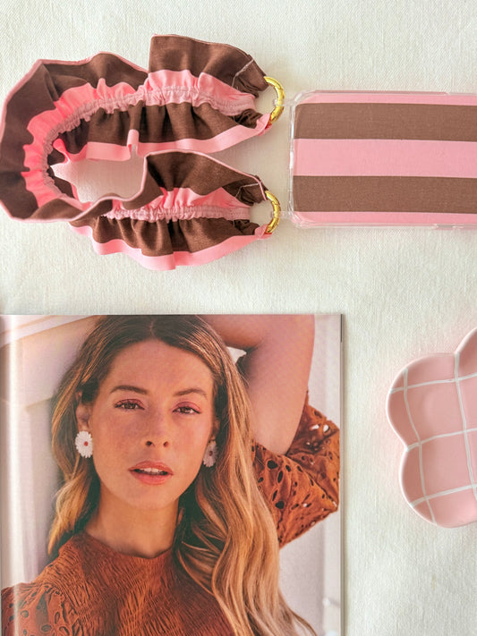 Conjunto Cuelga Movil Rizado Rayas Chocolate y Rosa