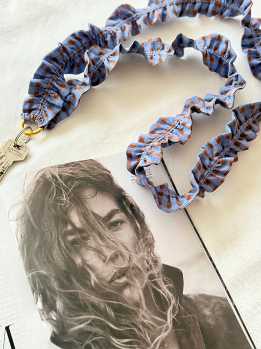 Cuelga Llaves / Landyards Rizado Vichy Azul y Marrón