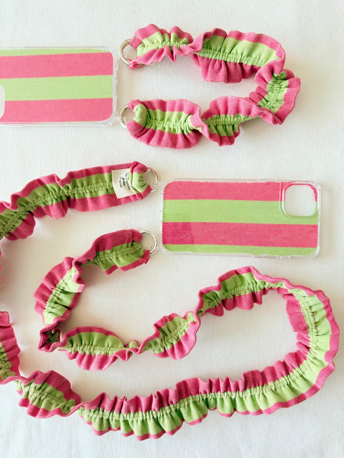 Conjunto Cuelga Movil Rizado Rayas Pistacho y Fresa