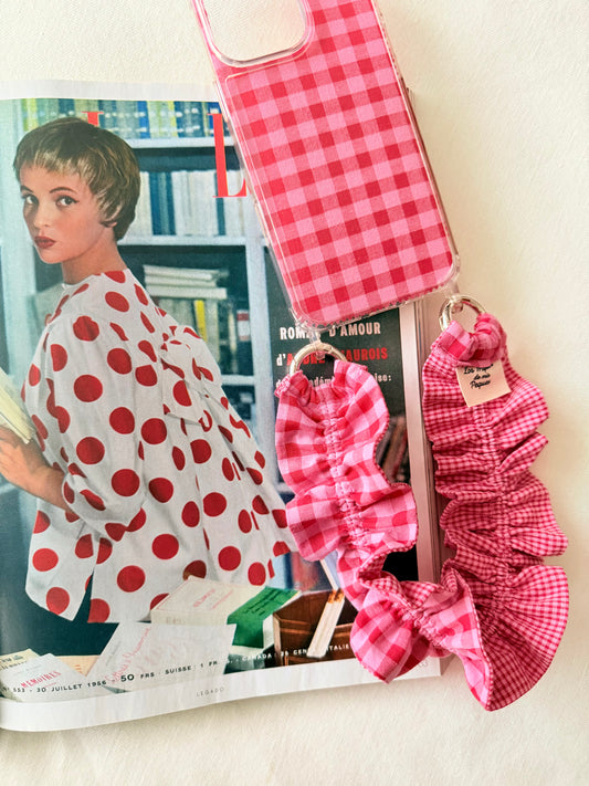 Conjunto Cuelga Movil Rizado Corto Vichy Rojo y Rosa