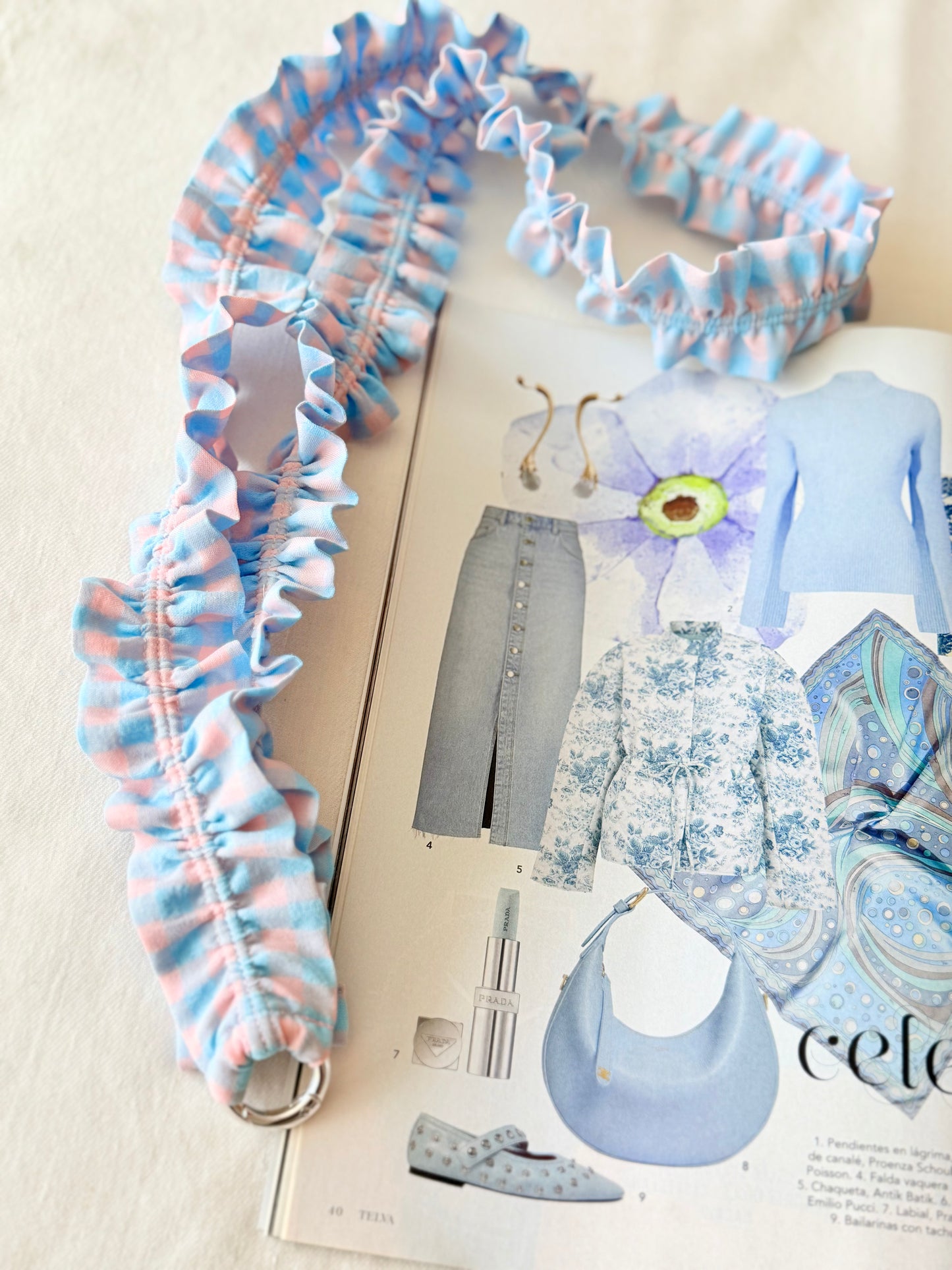 Cuelga Llaves / Landyards Rizado Vichy Azul y Rosa Pastel