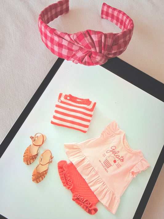 Diadema Nudo Vichy Rosa y Rojo