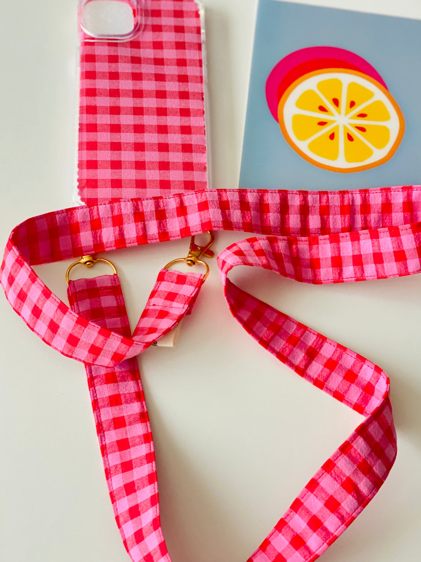 Conjunto Funda Cuelga Movil Vichy Rojo y Rosa