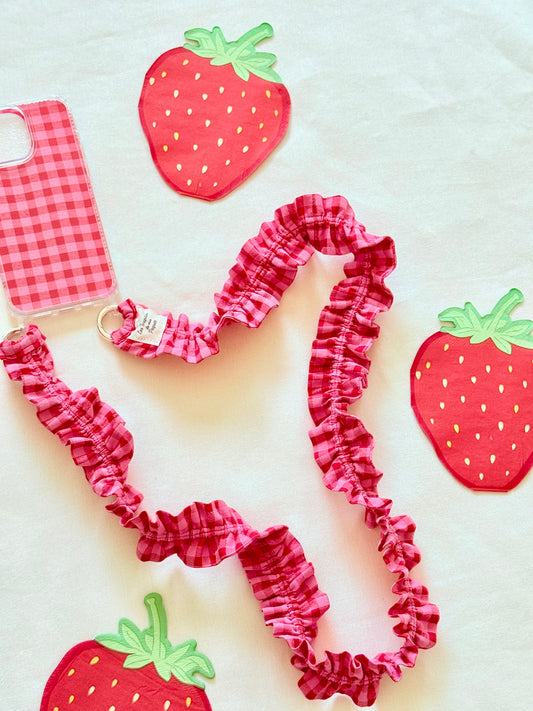 Conjunto Cuelga Movil Rizado Vichy Rojo y Rosa