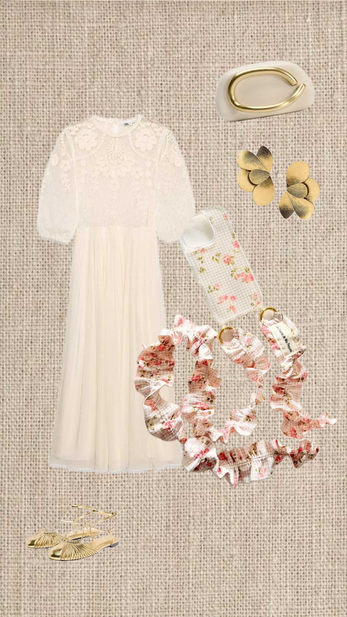 Conjunto Cuelga Movil Rizado Vichy Beige y Flores