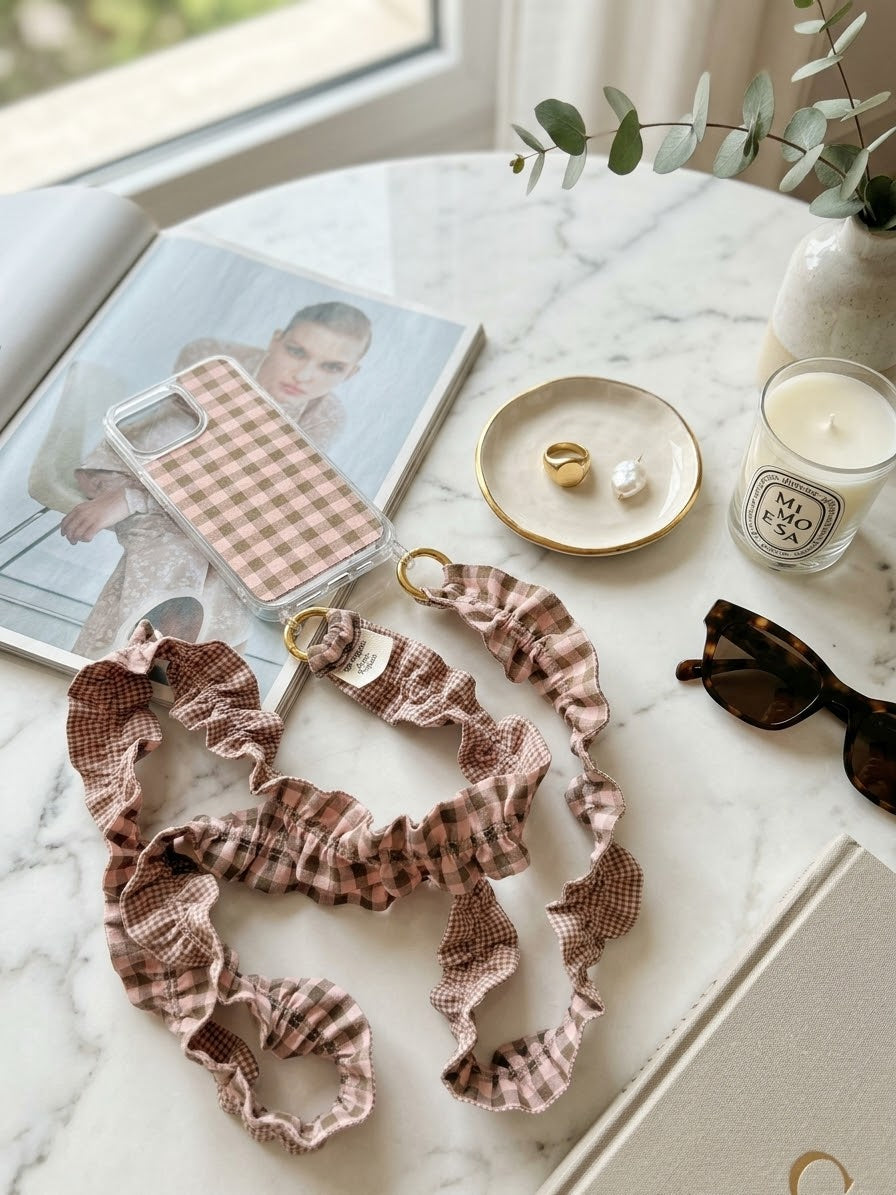 Conjunto Cuelga Móvil Rizado Vichy Rosa y Marrón