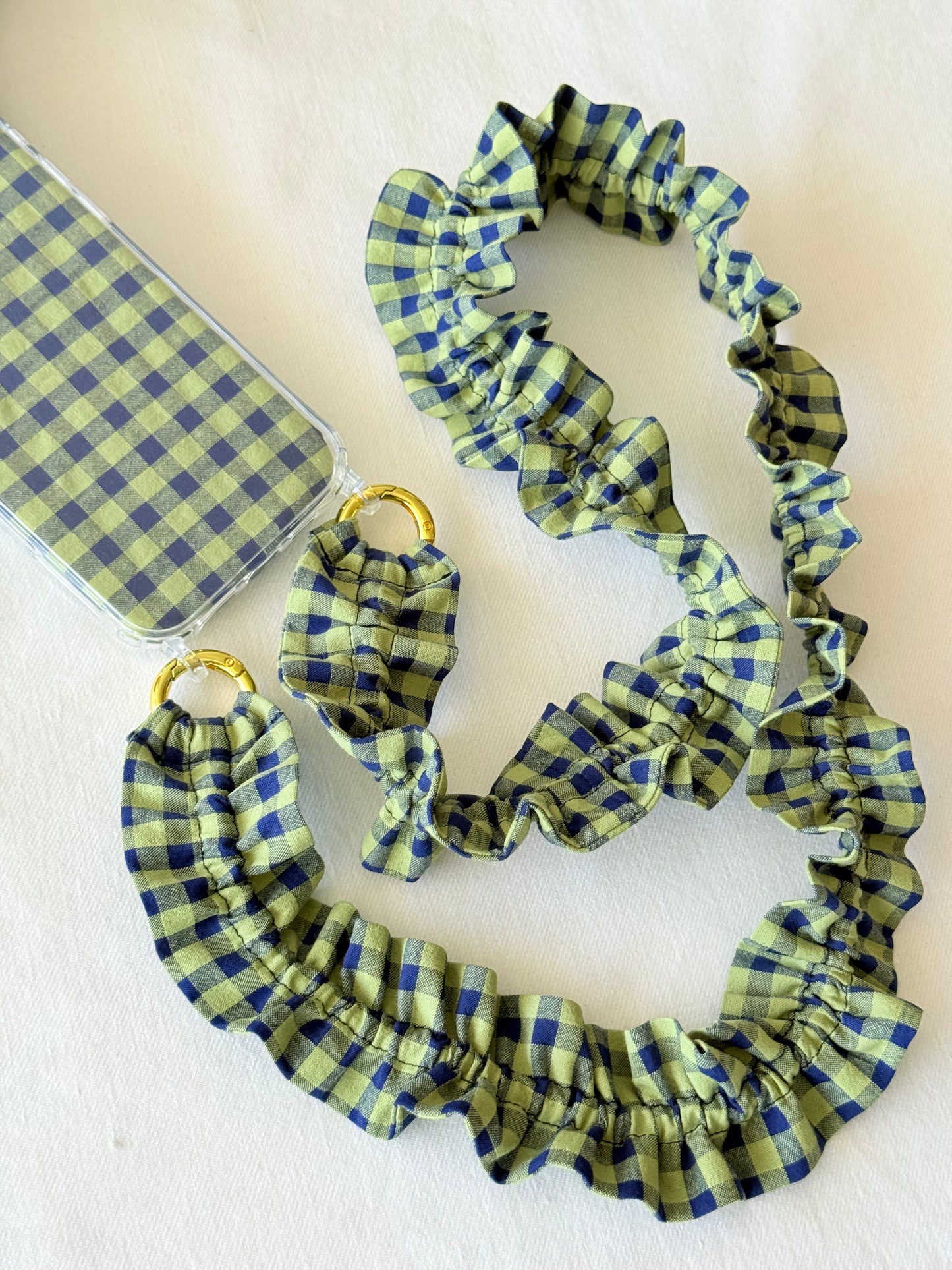 Conjunto Cuelga Movil Rizado Vichy Verde y Azul Marino