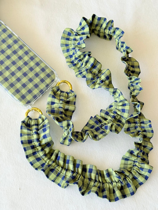 Conjunto Cuelga Movil Rizado Vichy Verde y Azul Marino