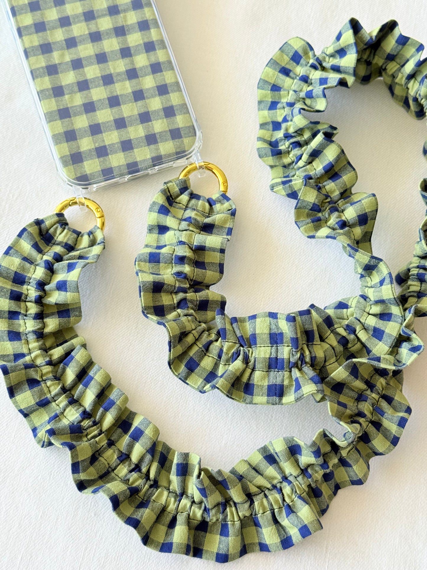 Conjunto Cuelga Movil Rizado Vichy Verde y Azul Marino