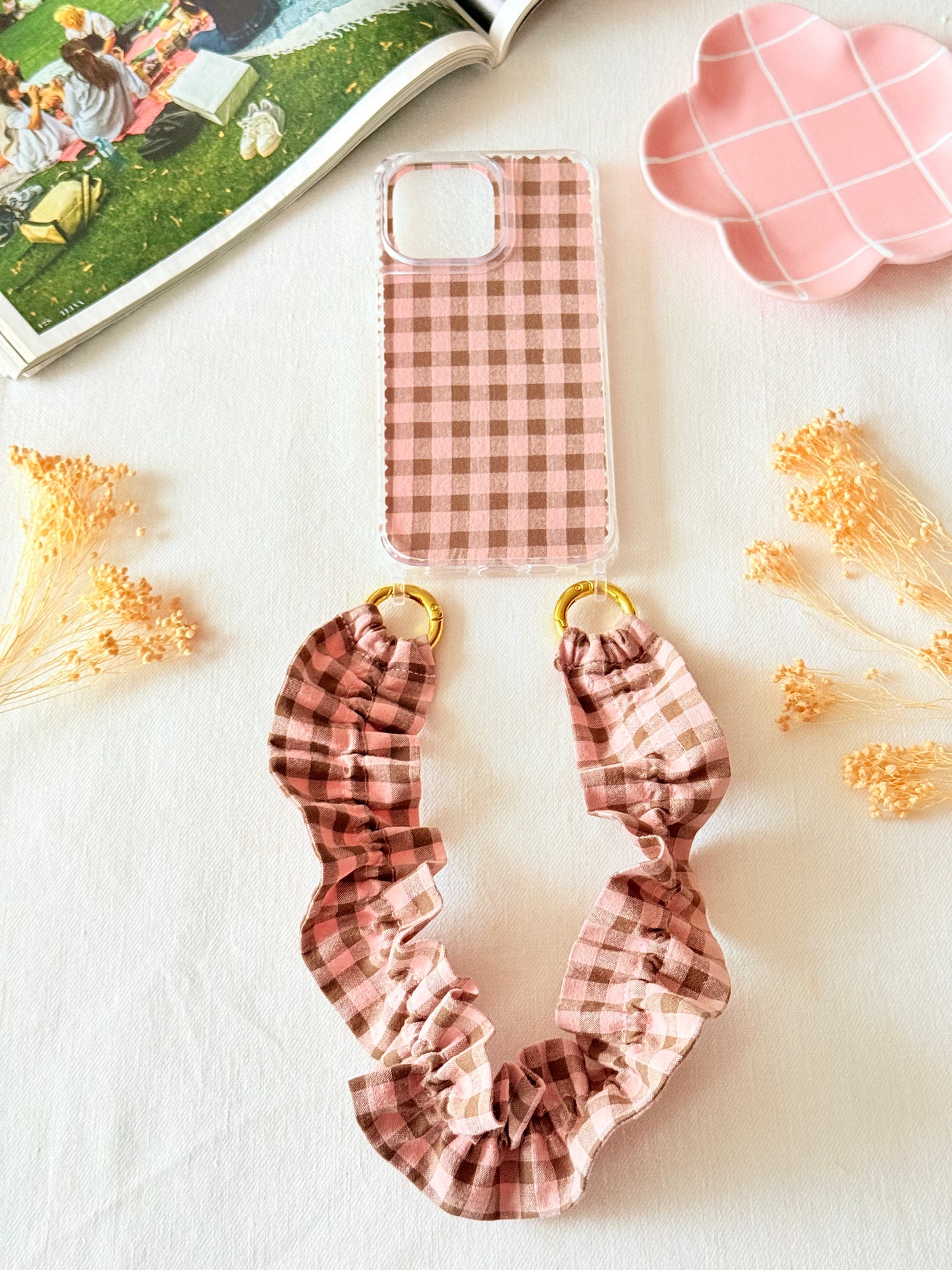Conjunto Cuelga Movil Rizado Vichy Rosa y Marrón