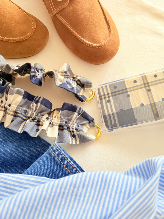 Conjunto Cuelga Movil Rizado Tartan Azul Marino y Lunares