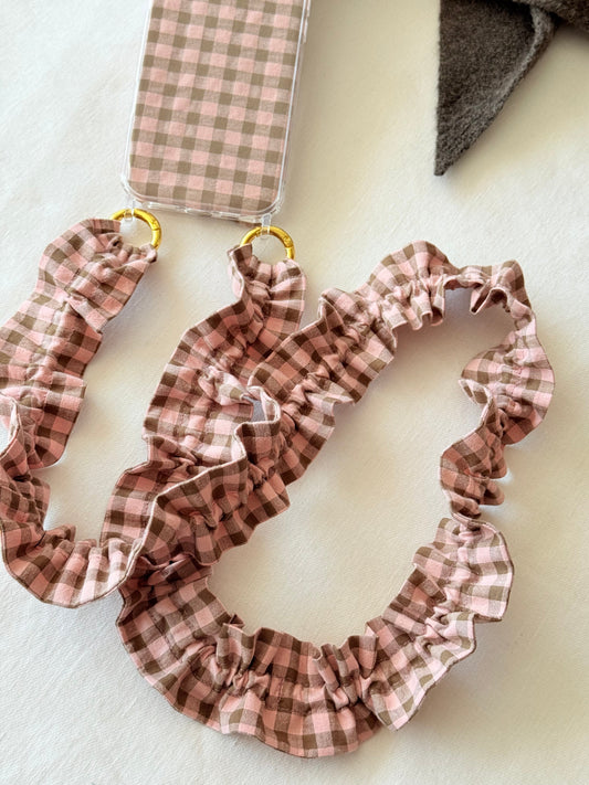 Conjunto Cuelga Movil Rizado Vichy Rosa y Marrón